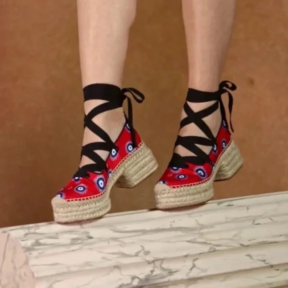 Christian Louboutin Red Espadrilles Evil Eye Platform Lace Up 9 39.5 Resort 🟡